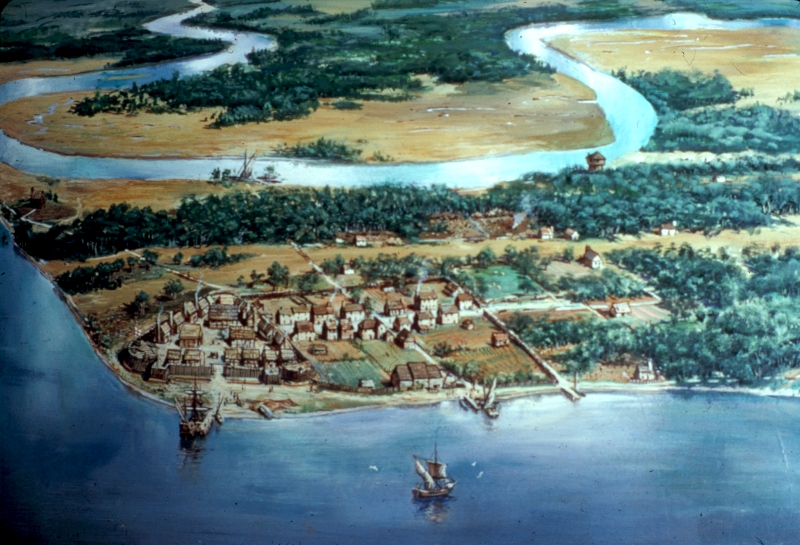 Jamestown about 1614 - the first English town in Virginia expanded outside the triangular fort