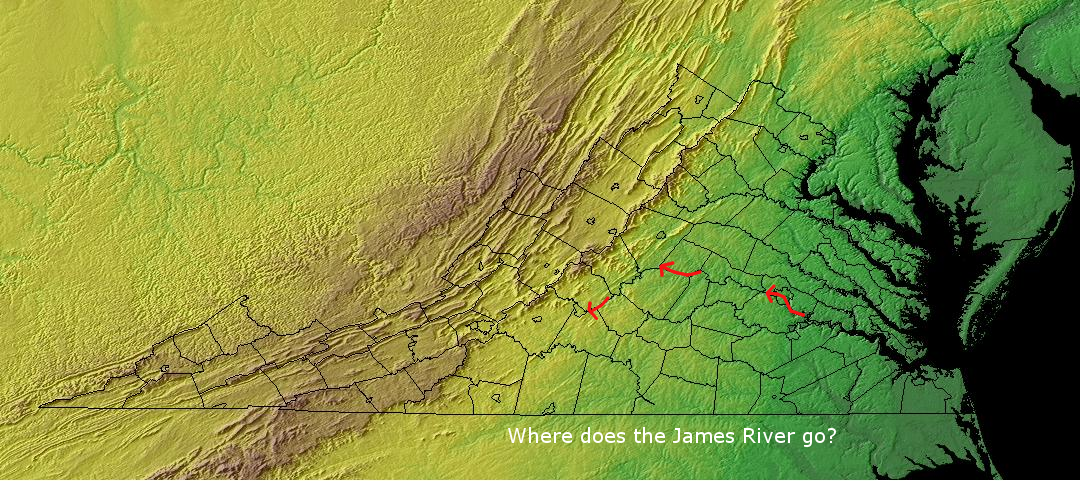 follow the arrows to mimic the dreams of Christopher Newport and John Smith in 1607, to move upstream and find the Northwest Passage