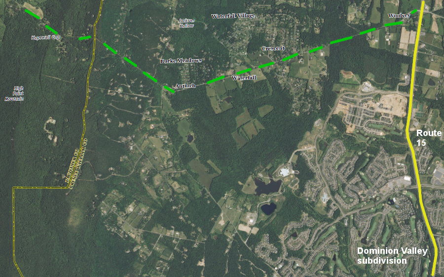 the Journey Through Hallowed Ground goes through modern development on Route 15 north of Gainseville/Haymarket (yellow line), but could be redirected west (green line) into more-rural Fauquier County