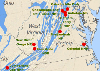karst (area colored blue) is rare in the national parks in Virginia, but Cumberland Gap has a public cave tour