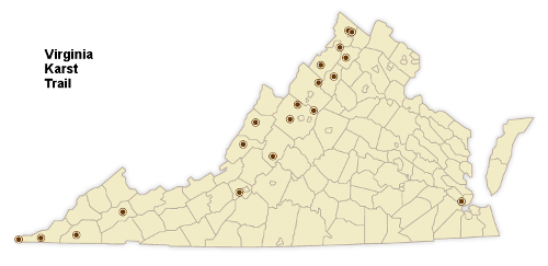 the Virginia Karst Trail highlights sinkholes, sinking streams, springs, and caves - all west of the Blue Ridge except for the Virginia Living Museum in Newport News, with its walk-through simulated cave exhibit including calcite formations and cave-dwelling animals