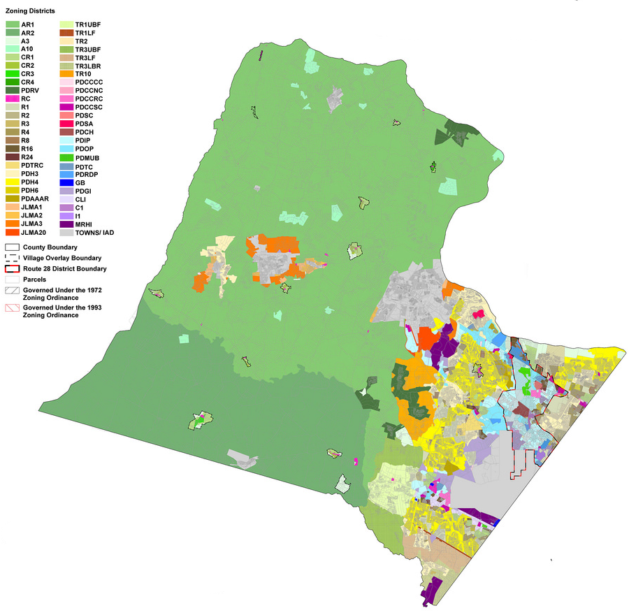 Loudoun County has used zoning to encourage agriculture and limit new housing on the western end of the county (colored green), and to encourage housing closer to the jobs concentrated in the urban area