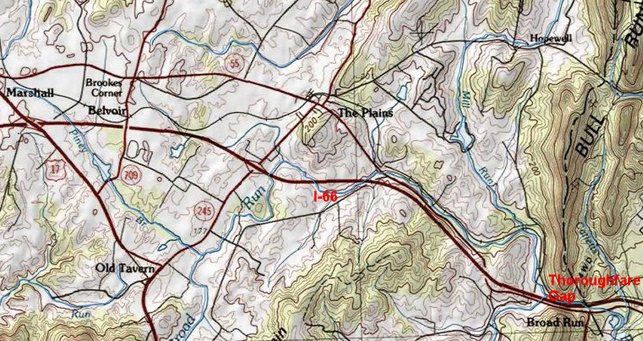 travelers headed west on I-66 to Shenandoah National Park travel through Thoroughfare Gap in the Bull Run mountains, then pass by Marshall in Fauquier County