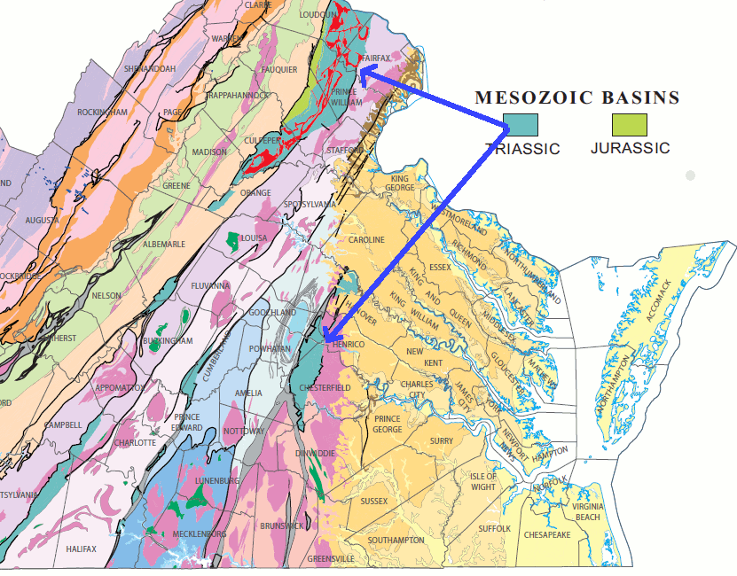 Richmond Basin, site of first Virginia coal mines - formed in Triassic era when Africa/Europe split off from North America and Atlantic Ocean formed