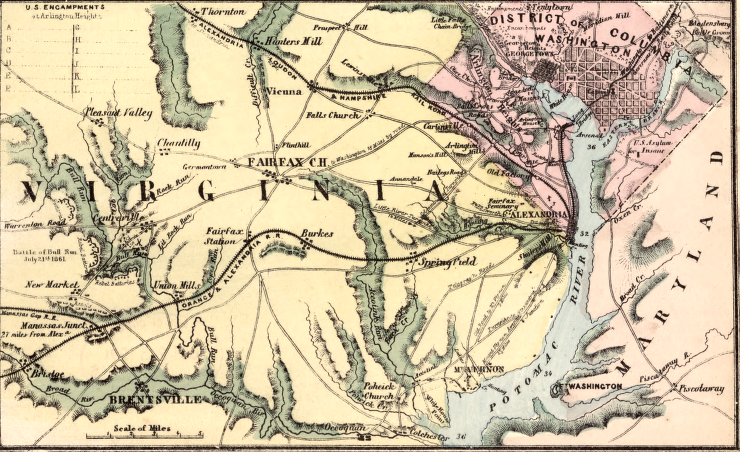 Orange and Alexandria and Alexandria, Loudoun and Hampshire railroads connected Alexandria to the Piedmont, but no railroad ran south through the Coastal Plain to Fredericksburg until after the Civil War