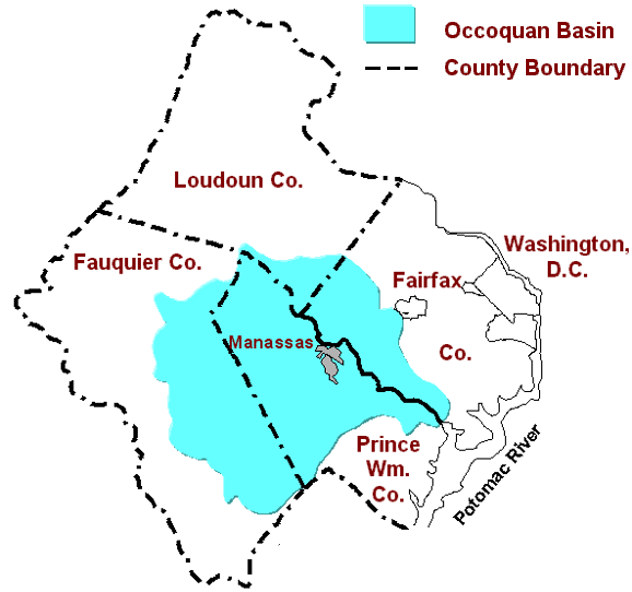 Occoquan Reservoir, the source of drinking water for about half of Fairfax County, receives treated sewage from Fauquier, Prince William, and Fairfax counties plus the cities of Manassas and Manassas Park