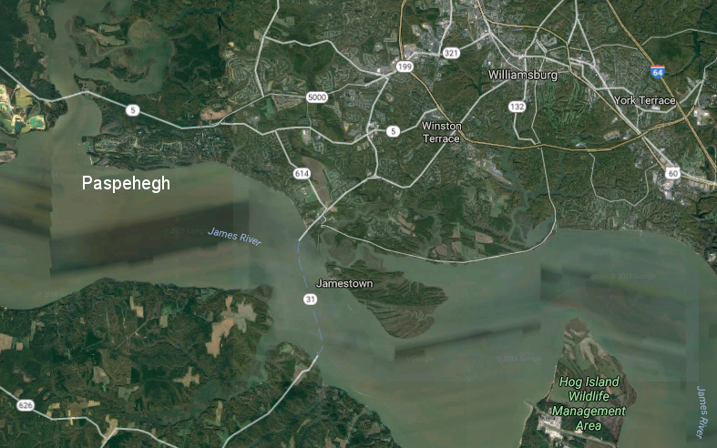 the site of the Paspehegh village in 1607 is now the site of the 18th hole at The Governor's Land at Two Rivers retirement community