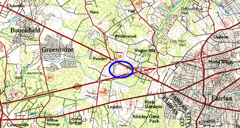 in 1986, the Pender area was undeveloped and Fair Oaks Mall (in blue circle) had not been built just south of it