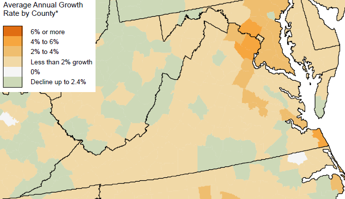between 1930-2000, population totals in some Virginia counties declined, despite the state's overall increase from 2,421,851 to 7,078,515 people