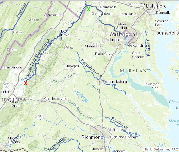 floating downstream from Port Republic (red X) to Harpers Ferry (green X) was easier than hauling farm products over the Blue Ridge to the market in Charlottesville or Richmond