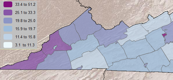 in Southwest Virginia, the City of Norton has a smaller percentage of people living below the poverty level than surrounding counties - but look at Radford vs. Pulaski County