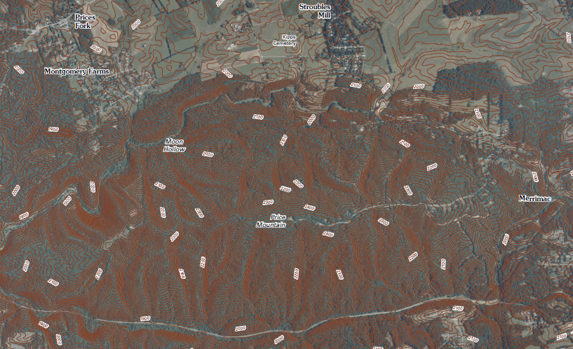 Price Mountain is southwest of the Virginia Tech campus, between Blacksburg and Radford