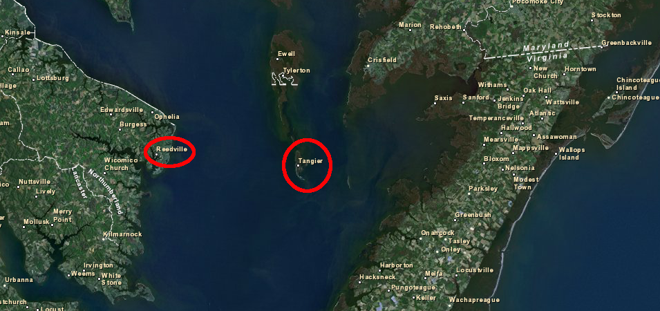 Reedville is in Northumberland County; Tangier Island is in Accomack County