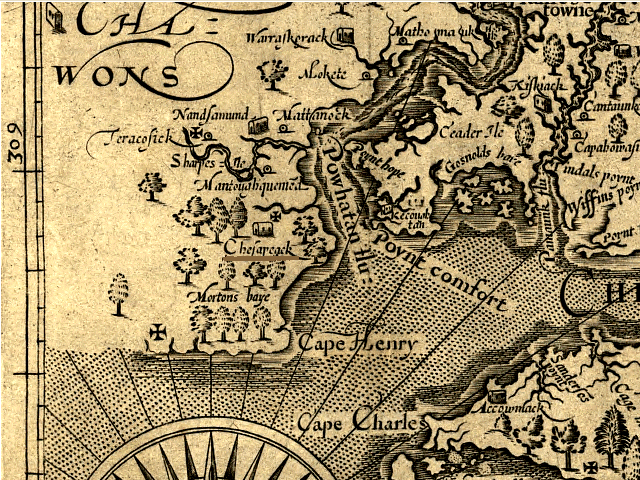 John Smith's map shows the town of the Chesapeake tribe to be closest to Cape Henry, site of the first interaction between the 1607 colonists and the Native Americans