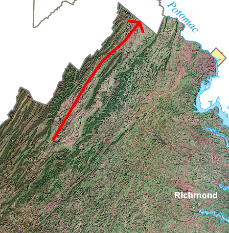  Confederates moving north, down the valley (red line) would be getting closer to the Union capital in Washington DC, but Union forces that marched south up the valley ended up going away from the Confederate capital at Richmond