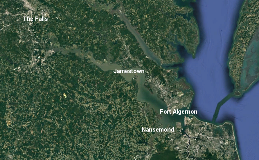 many of the colonists in the seven Third Supply ships that managed to arrive in August, 1609 ended up at The Falls and Nansemond, in part because the newly-arrived leaders were unwilling to allow John Smith to command them