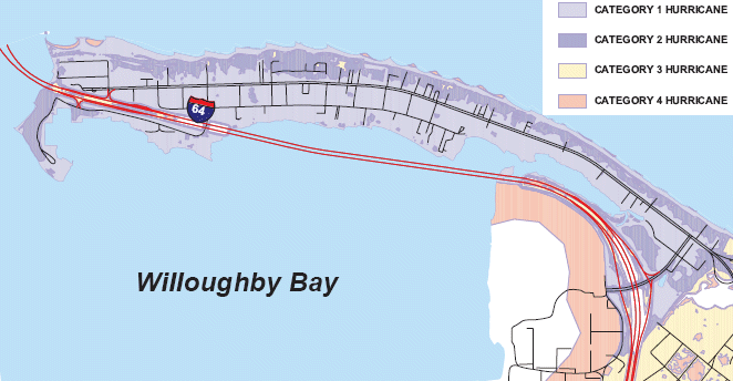 how would the predicted storm surge from a Category 2 hurricane affect Willoughby Spit and travel on I-64 through the Hampton Roads Bridge-Tunnel?