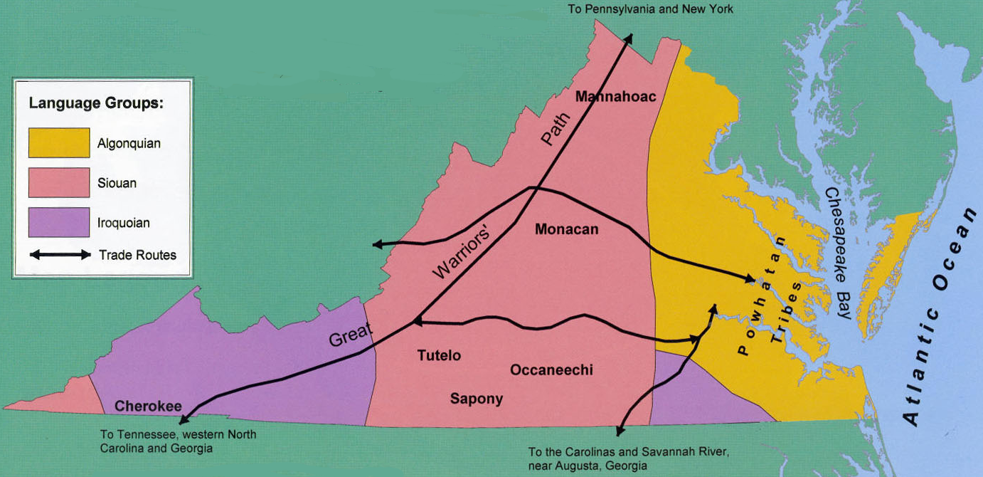 the European colonists who explored Virginia in the 1600's found different territories controlled by different tribes using three major language groups