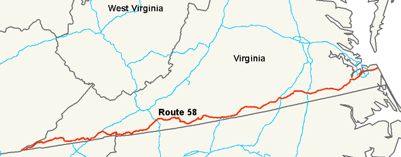 US 58 stretches from the Atlantic Ocean resort hotels in Virginia Beach, along the North Carolina border, to Cumberland Gap