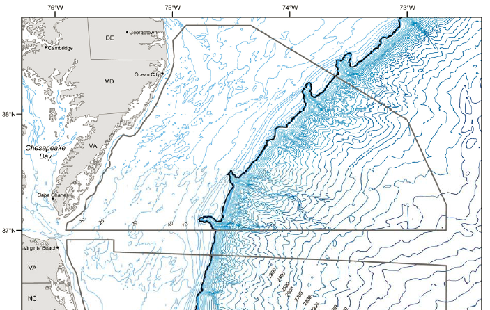Bathymetry in the Virginia Capes Operating Area and vicinity, showing how much of the old Coastal Plain has been covered by water since the last Ice Age ended