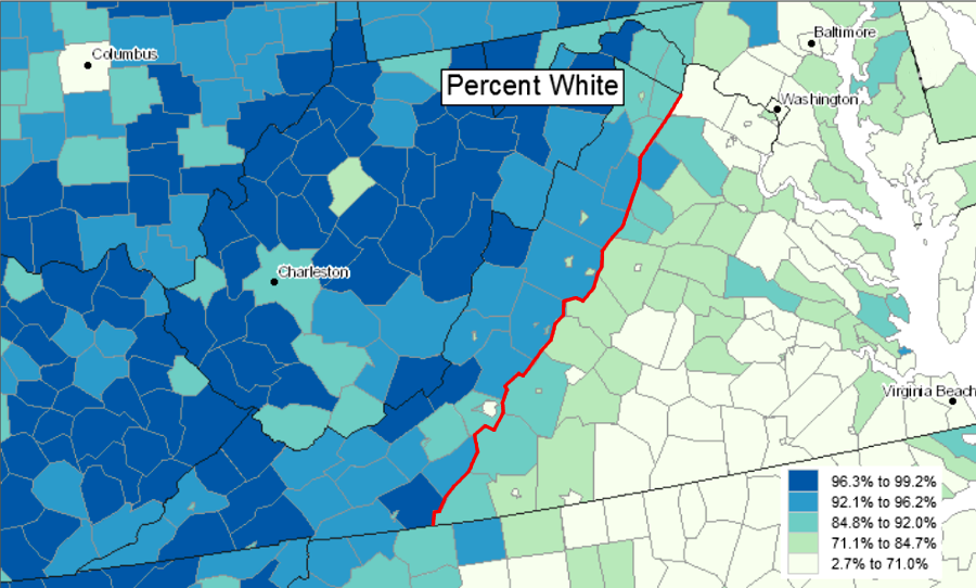 racial diversity is lower west of the Blue Ridge in Virginia - think that affects voting patterns?