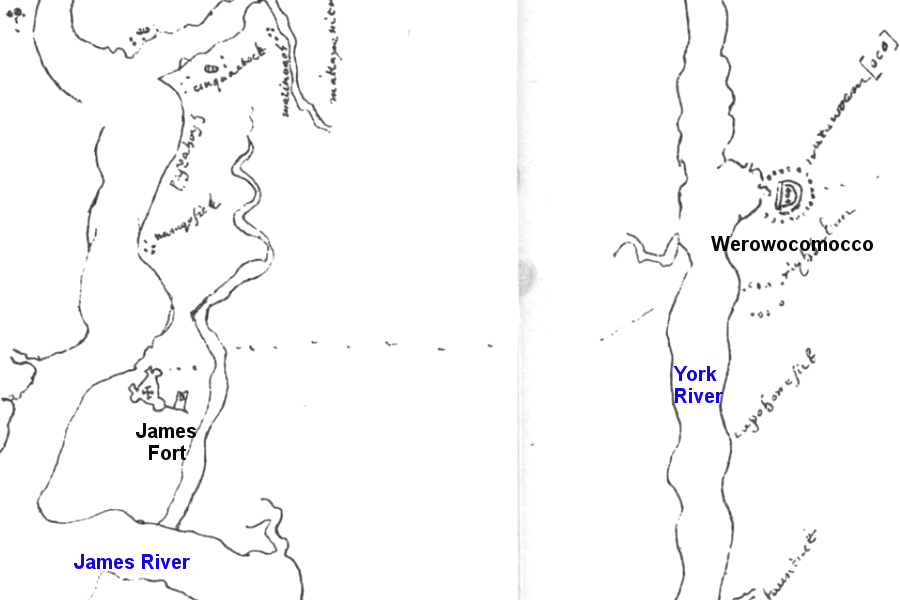 Ambassador Zuniga's spies copied what may be John Smith's 1608 map, showing the capitals of English colonists ad Powhatan's paramount chiefdom 