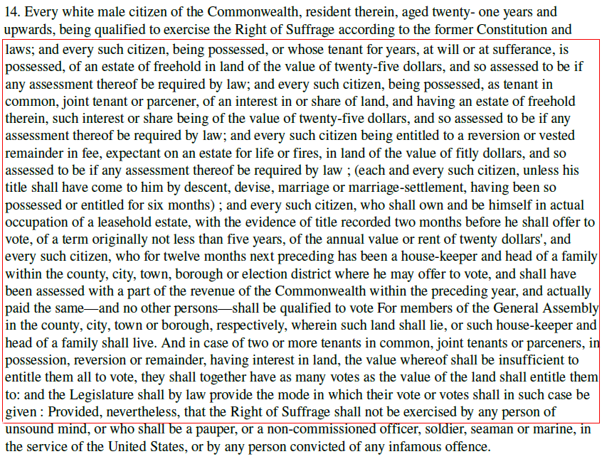 Virginia's 1830 constitution defined how to calculate if a voter owned $25 worth of property