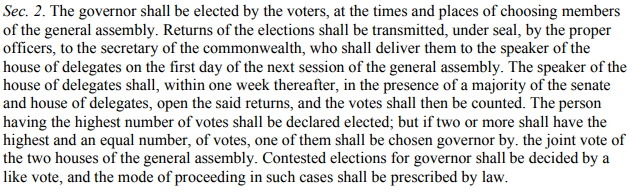 the 1850 constitution defined the process for a vote of the entire General Assembly to select the governor in case of a tie vote