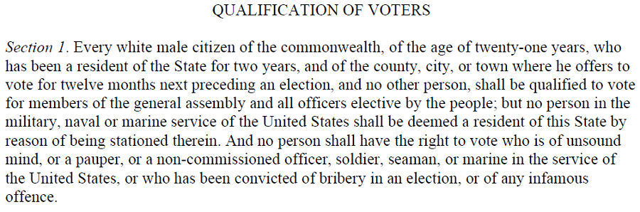 Virginia's 1850 constitution dropped the requirement that voters had to own $25 worth of property