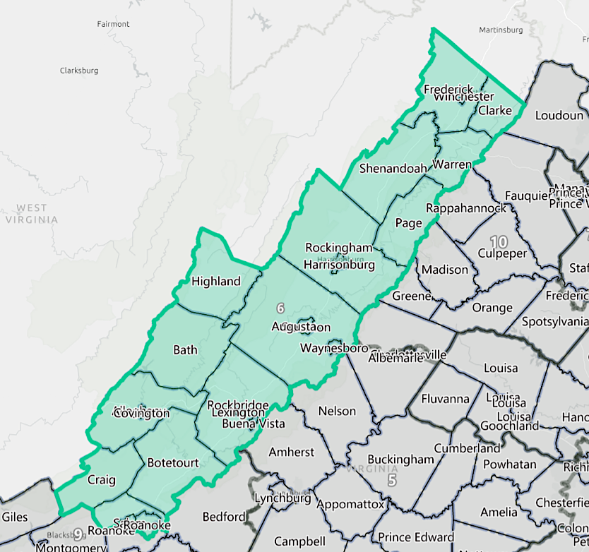 the Sixth Congressional District would be west of the Blue Ridge, adding Frederick and Clarke counties while dropping Amherst, Lynchburg, and part of Bedford County