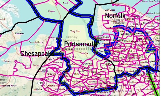 after the 2001 redistricting, the boundaries of the Second District included the conservative military precincts at the Norfolk Naval Base and the minority residents of Norfolk were located in the Third District 