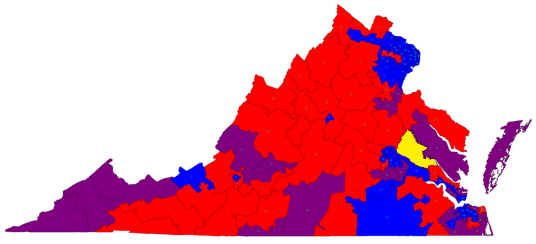Del. Chris Peace from the 97th District (yellow), voted for Medicaid expansion in 2018 (purple districts are other Republicans who voted in favor