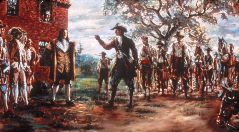 Nathaniel Bacon confronted Governor Berkeley at the statehouse in Jamestown, and burned the colonial capital later in 1676