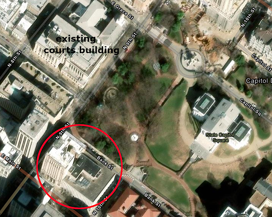 state officials plan to move the top courts of Virginia to a new complex on Main Street (red circle), replacing the Pocahontas Building