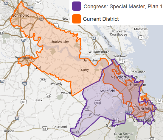 a special master, appointed by a Federal Court to revise boundaries of US House District 3, proposed in late 2015 to strip voters on the northwestern edge (between Jamestown-Richmond) and add voters on the southwestern edge from the adjacent Fourth District