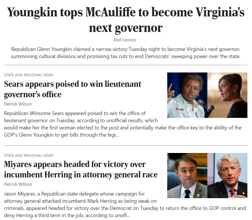 newspaper headlines on November 3, 2021 showed Virginia was a purple rather than a blue state