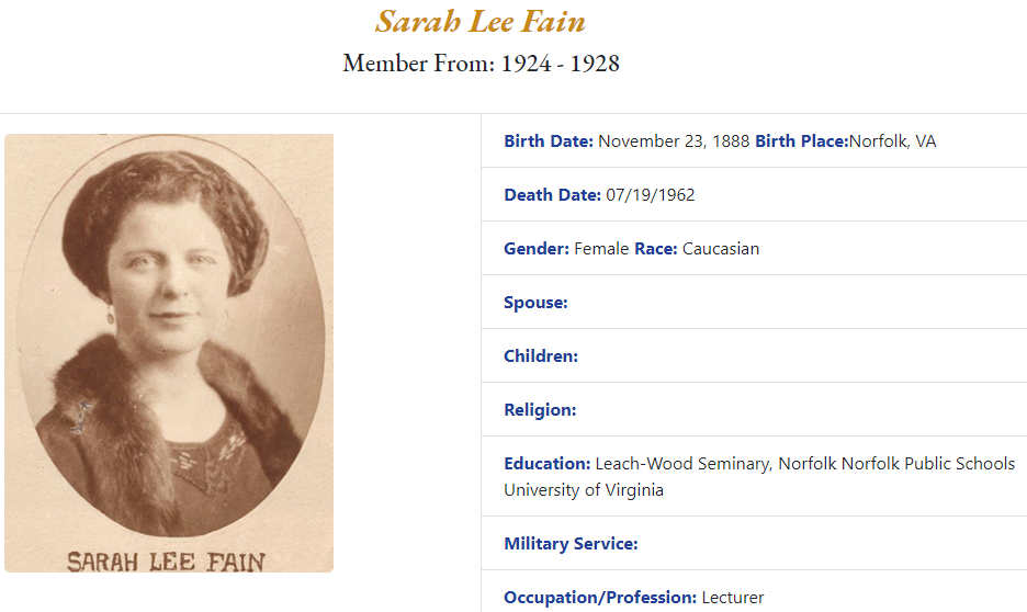 Sarah Lee Fain was one of the first two women to serve in the General Assembly
