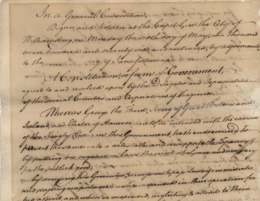the Fifth Revolutionary Convention proclaimed Virginia's first constitution on June 29, 1776