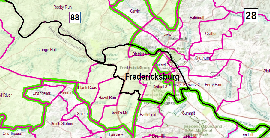 the 2011 redistricting map placed Fredericksburg's Wards 1 and 3 in the 88th House District, Ward 2 in the 28th House District, and divided Ward 4 between the 88th and 28th districts