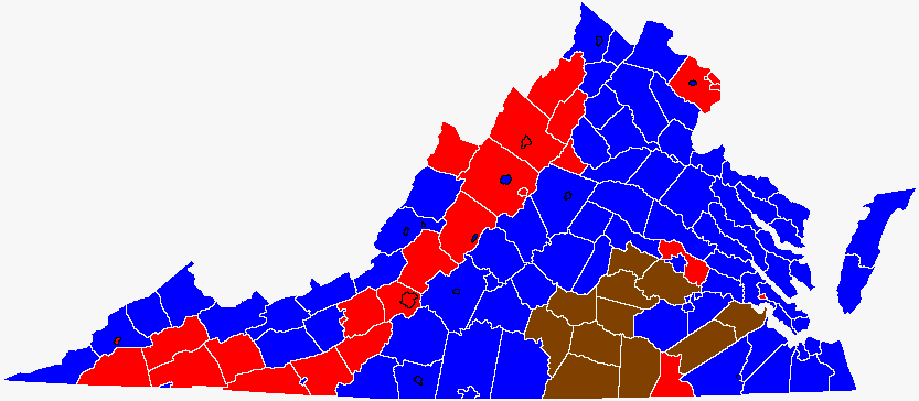 in the 1965 election, the third-party Conservative candidate won Southside counties (brown) and Mountain-Valley Republicans won western jurisdictions (red)