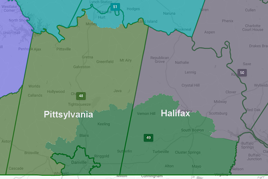 after the 2021 redistricting, Halifax County was split into two House of Delegates districts and Pittsylvania County was divided among three