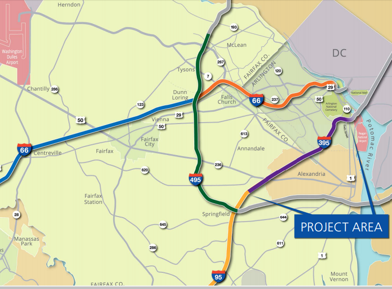 Arlington County delayed extension of High Occupancy Toll (HOT) Lanes to the Potomac River in 2009, but the project (section colored purple) was finally approved in 2015