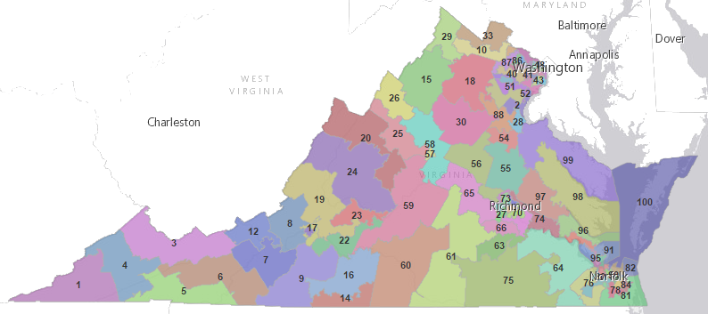 the boundaries of the 100 House of Delegates districts include more acres in rural districts with low population density, such as Southwestern Virginia, while districts in urbanized Northern Virginia, Richmond, and Hampton Roads have the same number of people but less land