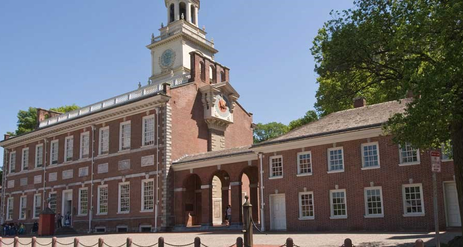 the drafters of the US Constitution within Independence Hall in Philadelphia in 1787 could take advantage of the 13 state constitutions, starting with Virginia's written in 1776