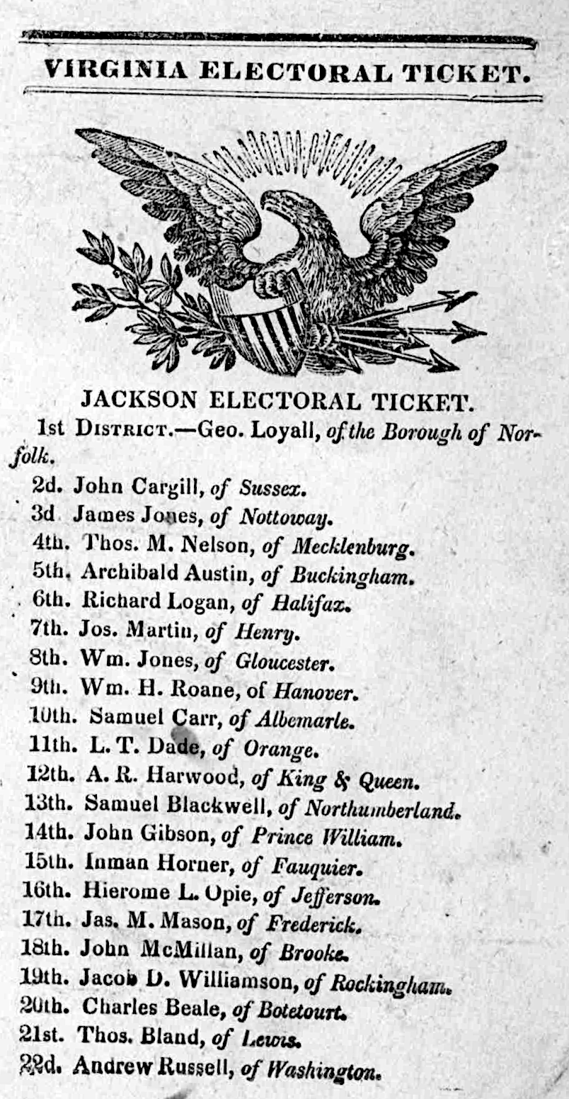 the electoral slate for Andrew Jackson in 1832 had one member from each Congressional district