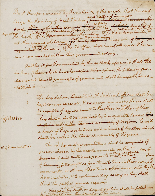 Thomas Jefferson drafted a constitution for his home state of Virginia, but it arrived after the Fifth Virginia Convention was writing its own version