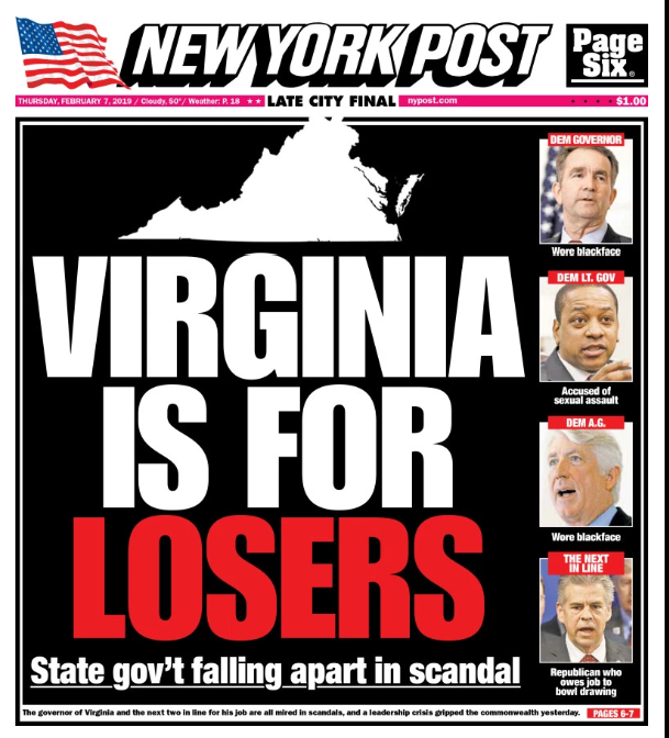 the February 7, 2019 cover of the New York Post highlighted when there was the potential to replace the top three officials in Virginia