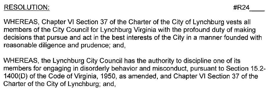 the charter for the City of Lynchburg authorizes censure of members of the city council