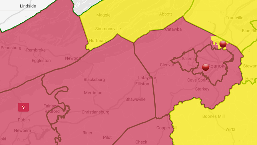 Republican map drawers proposed expanding the Ninth District to the northeast, but gerrymandered a corner of Roanoke County to be in the Sixth District (yellow)