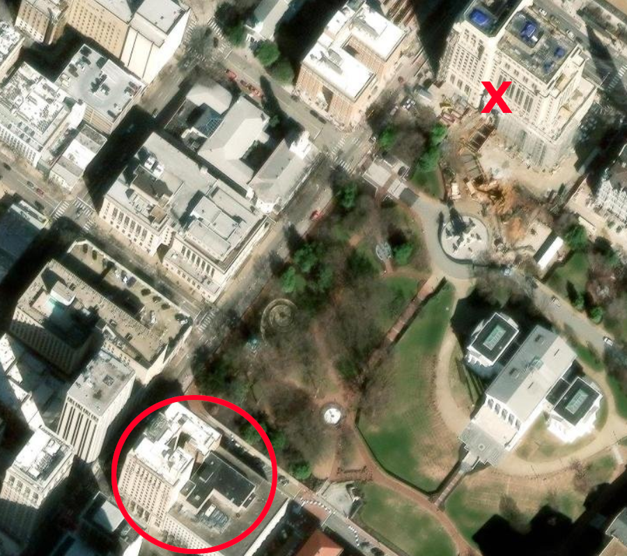 the new General Assembly Building (red X) is on the opposite side of Capitol Square from the old Pocahontas Building (circled)